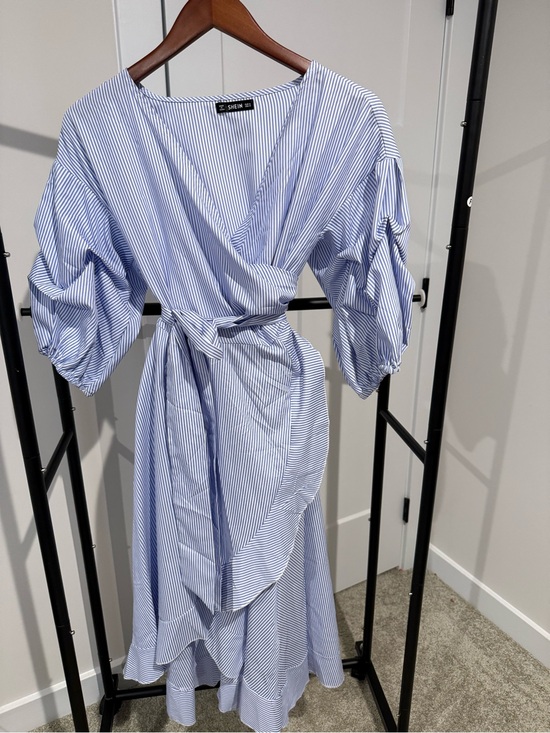 SHEIN Dresses & Skirts - SHEIN Light Blue & White Pinstripe Wrap Midi Dress